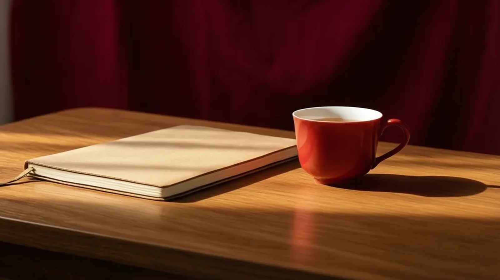 Xícara vermelha sobre mesa de madeira com caderno fechado ao lado, ambiente sereno e discreto