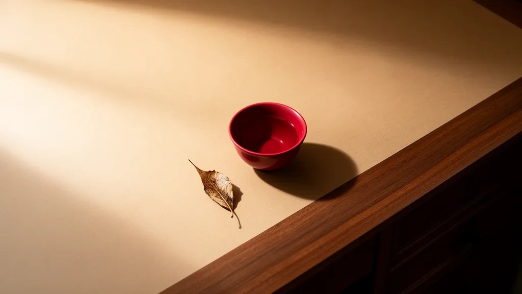 Xícara vazia com folha seca ao lado sobre mesa de madeira, luz suave e ambiente calmo