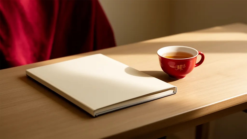 Caderno fechado e xícara vermelha sobre mesa de madeira, fundo em vermelho profundo e luz suave