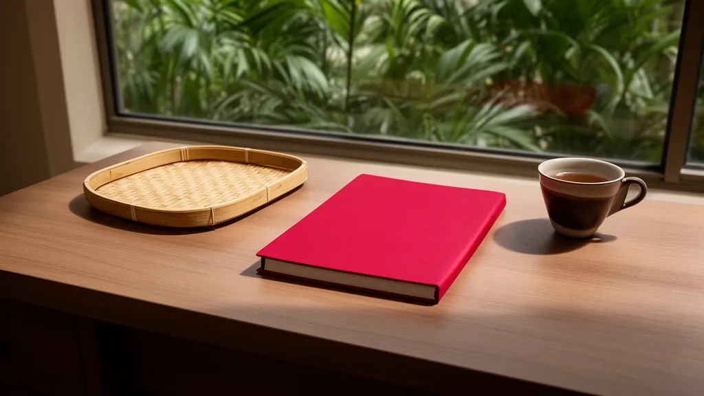 Caderno vermelho fechado sobre mesa de madeira ao lado de bandeja vazia de bambu, plantas tropicais ao fundo