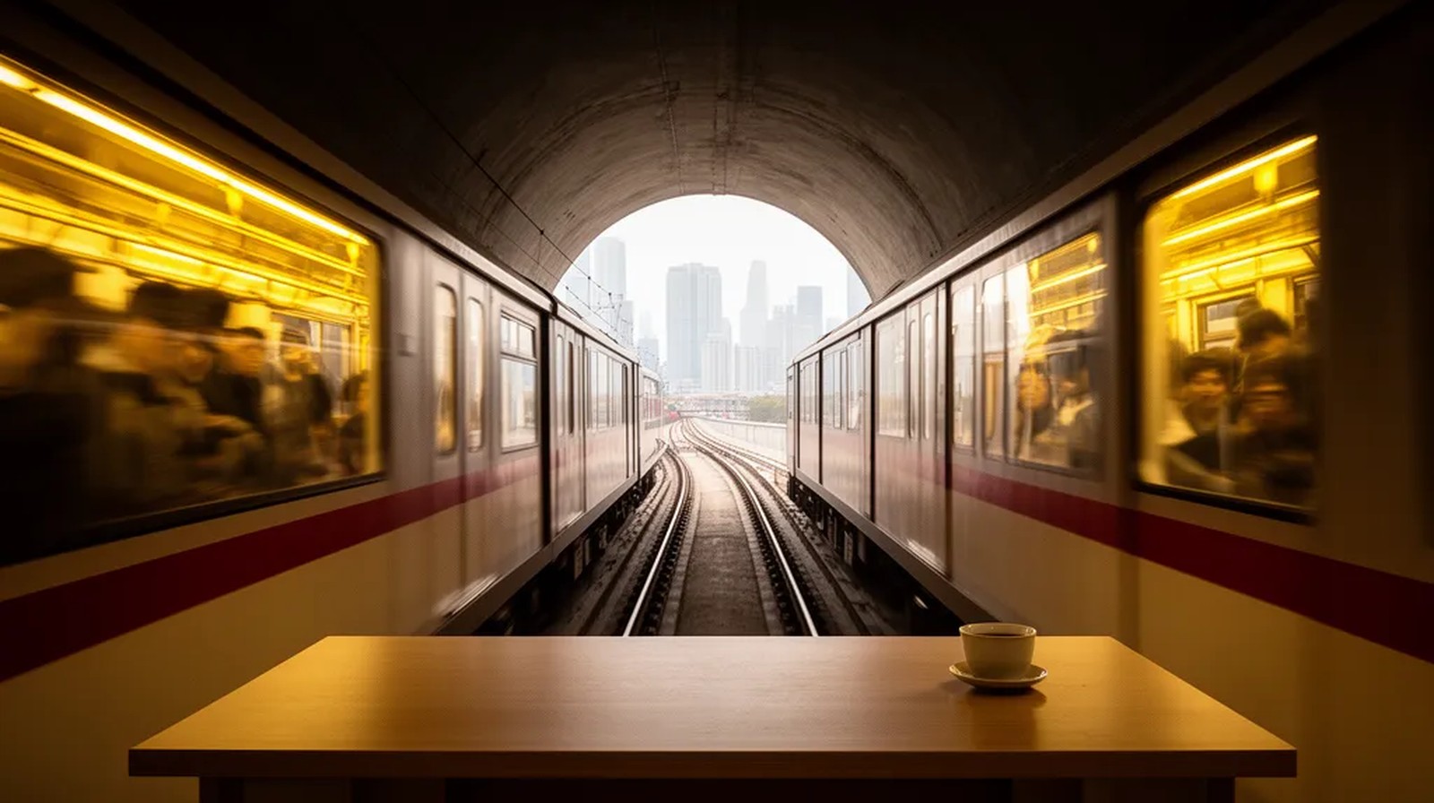 Trem do metrô em movimento com luzes internas e silhuetas de passageiros