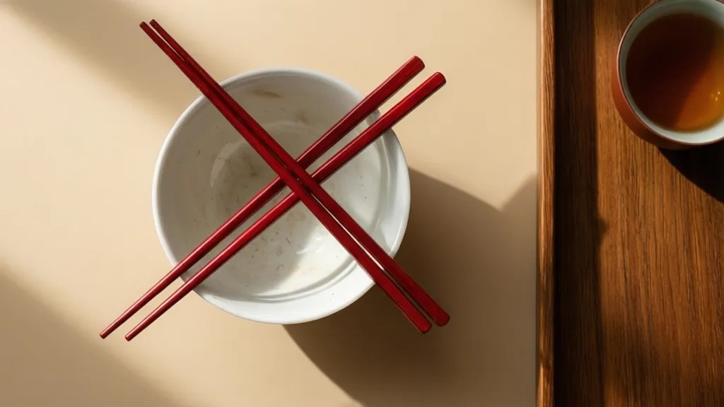 Colheres chinesas vermelhas cruzadas sobre uma tigela branca com restos de arroz