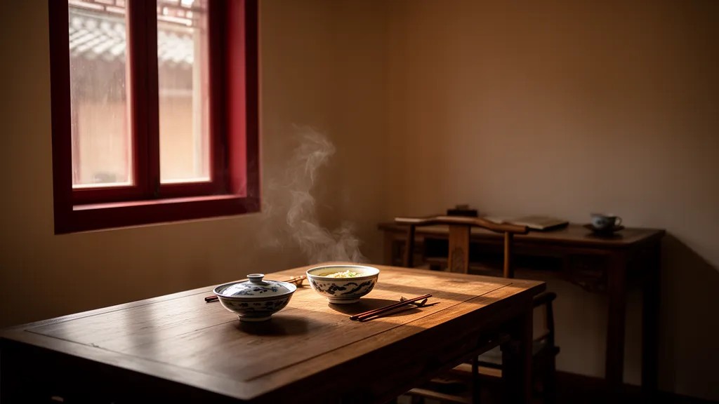 Sala de jantar tradicional chinesa vazia, com mesa de madeira e talheres dispostos