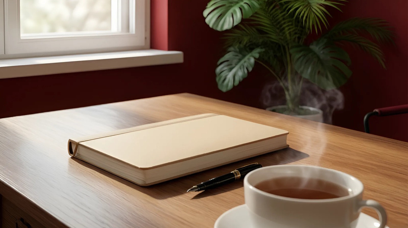 Mesa de estudo de madeira com caderno fechado, caneta e xícara de chá fumegante, luz natural suave