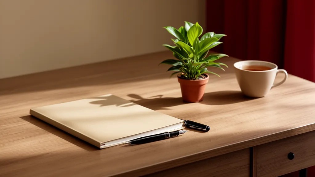 Planta em vaso sobre mesa de madeira com caderno fechado e caneta ao lado, vista de trás