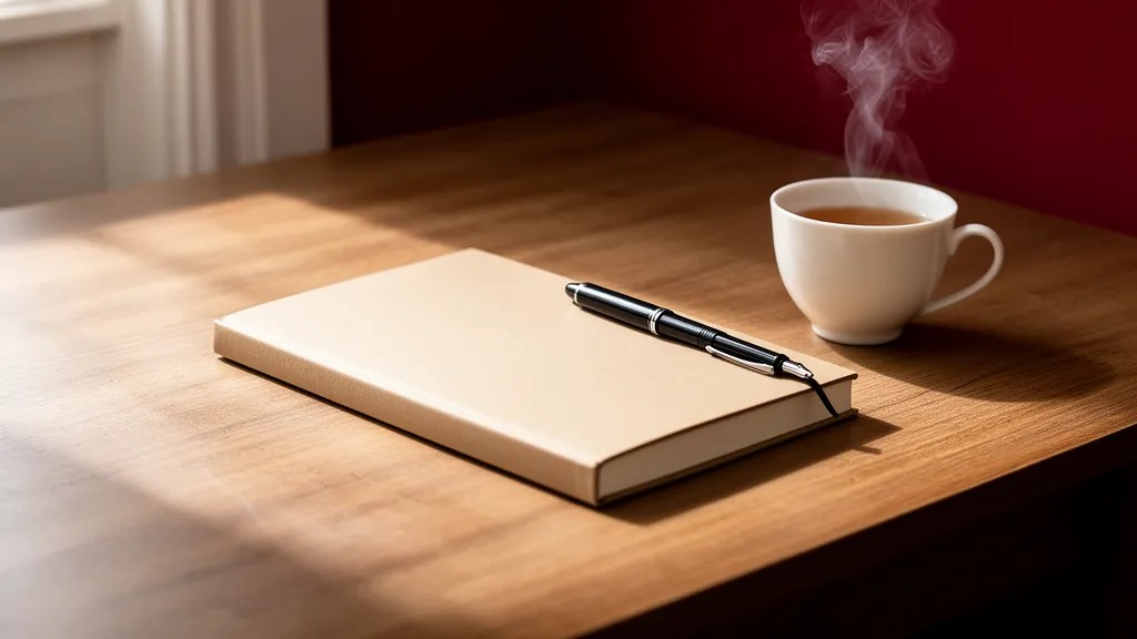 Caderno fechado, caneta e xícara de chá sobre mesa de madeira em ambiente calmo
