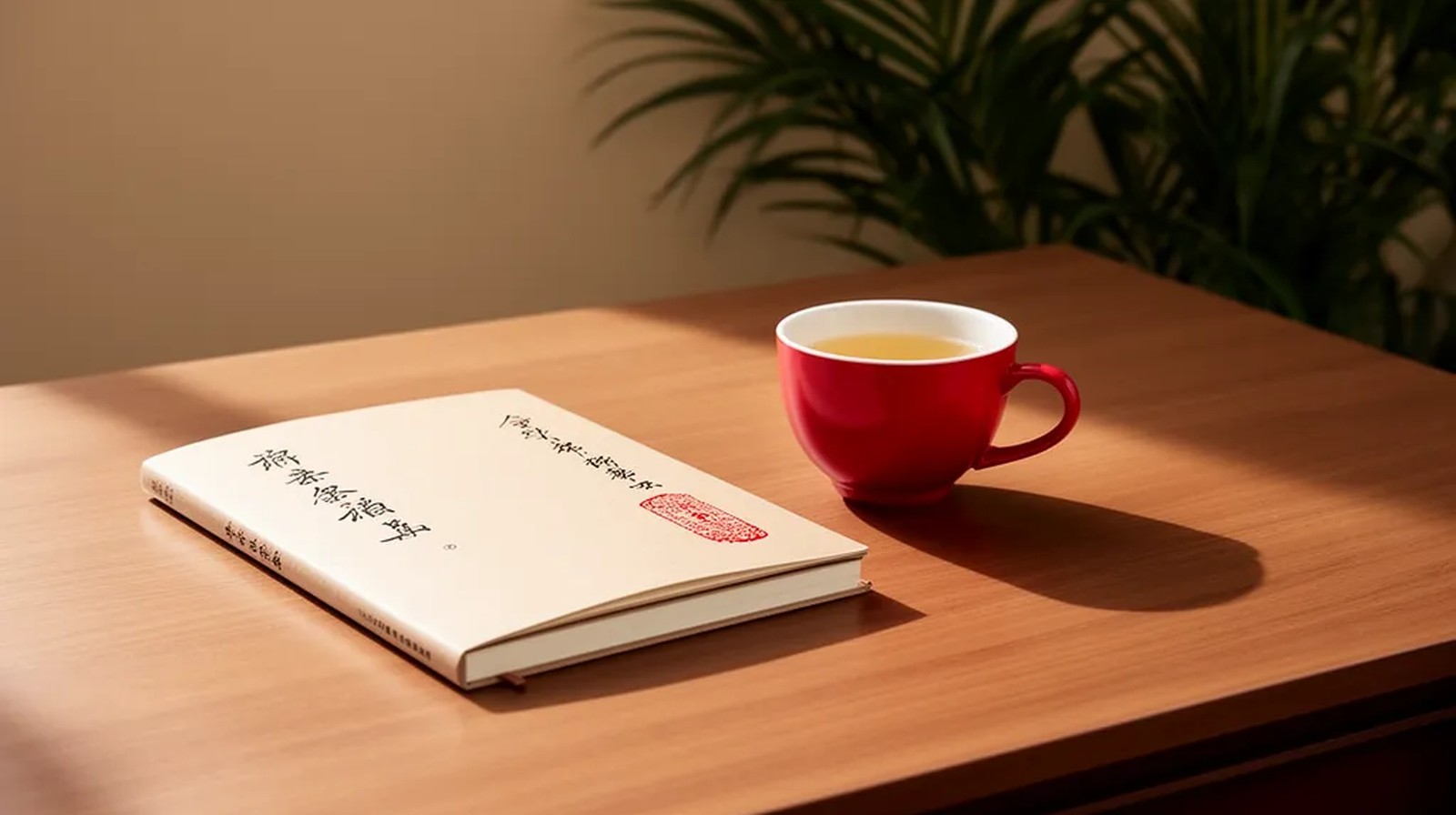 Caderno fechado e xícara vermelha sobre mesa de madeira com luz natural suave