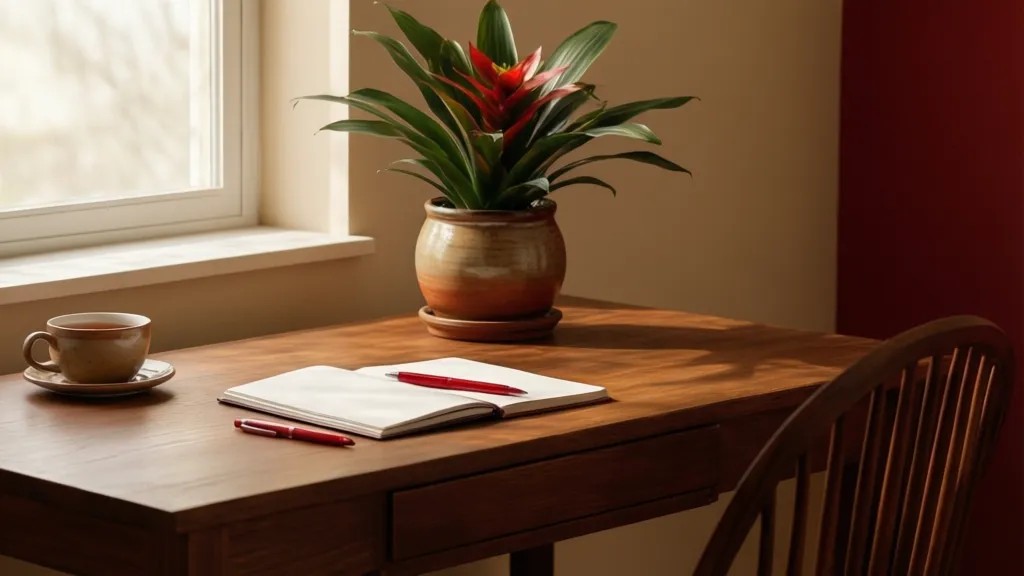 Mesa de madeira com caderno fechado, caneta vermelha e planta tropical em vaso