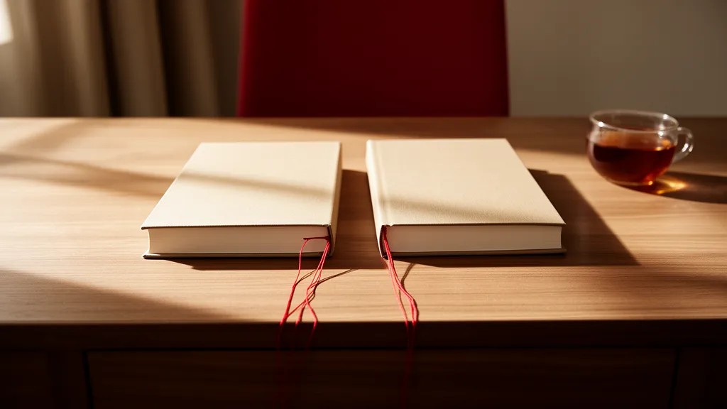 Dois livros idênticos lado a lado, um mais perto, com fio vermelho os conectando