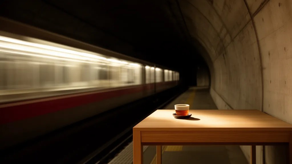 Trem do metrô em túnel à noite, luzes do lado criando rastros horizontais