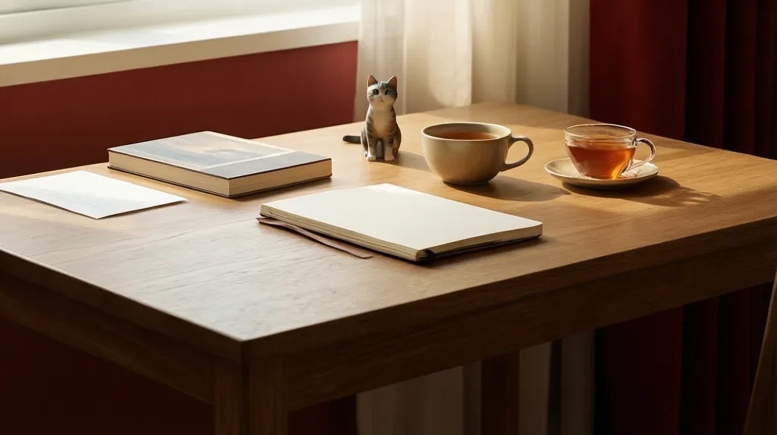 Mesa de estudo com objetos que representam os classificadores: livro, papel, gato e xícara com líquido