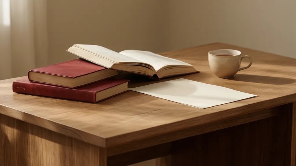 Livros empilhados e folha solta sobre mesa de madeira, mostrando diferença entre 本 e 张