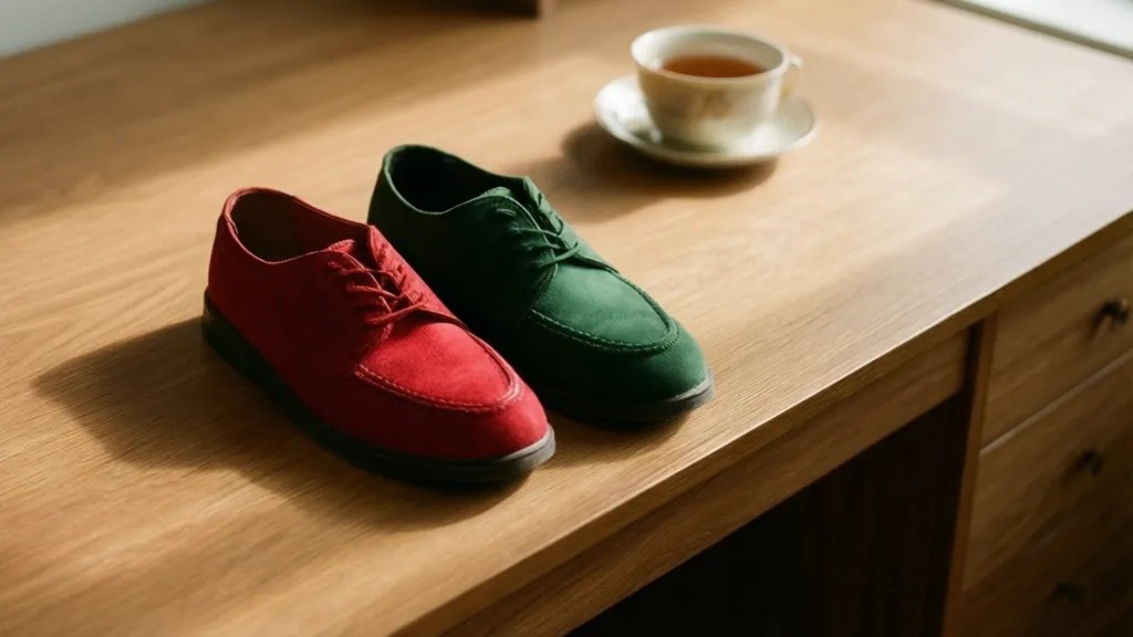 Par de sapatos colocados separadamente sobre mesa de madeira, ilustrando o uso de 只