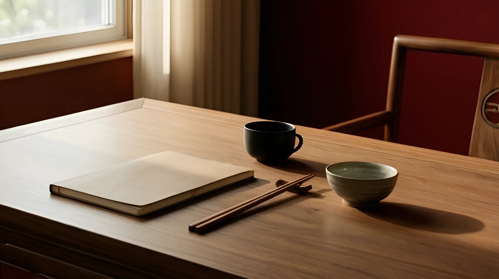Mesa de estudo com caderno fechado, xícara de chá e hashi sobre madeira clara