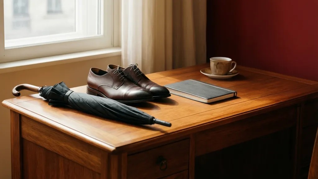 Sapatos e guarda-chuva fechado sobre mesa de madeira ao lado de caderno