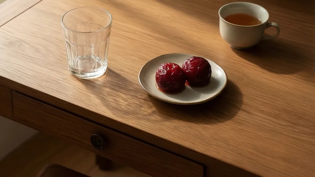 Pratinho com dois umeboshi e copo vazio sobre mesa de estudo de madeira