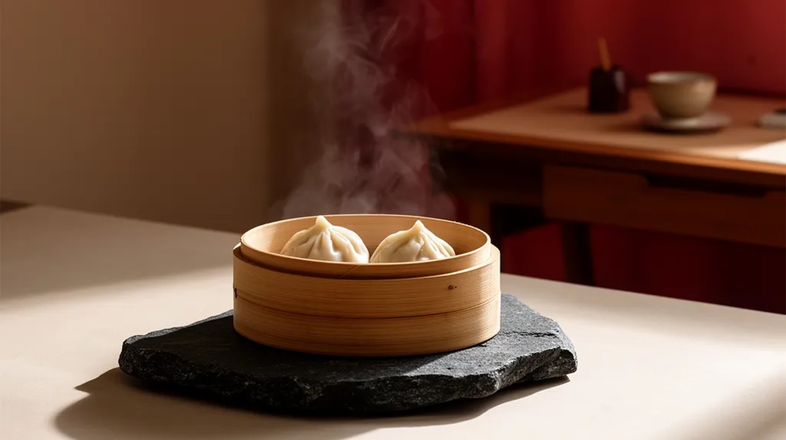 Cesta de bambu com dois dumplings a vapor sobre uma pedra escura