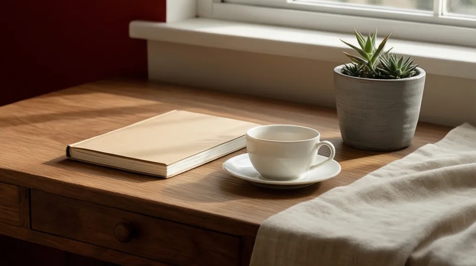 Mesa de madeira com caderno fechado, xícara de chá e planta em vaso, luz natural suave