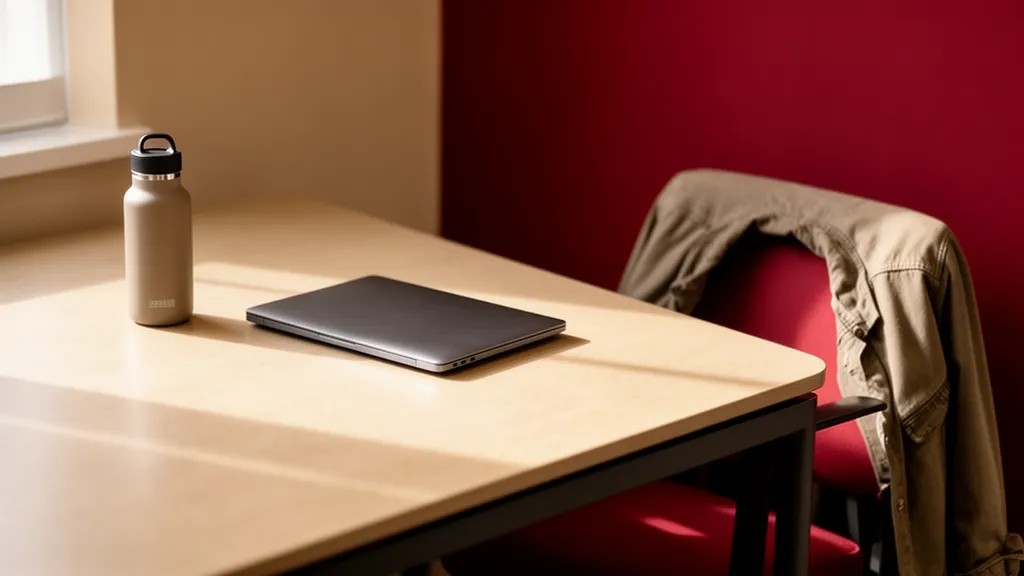Mesa de escritório com laptop fechado e uma garrafa d'água, fim do expediente.