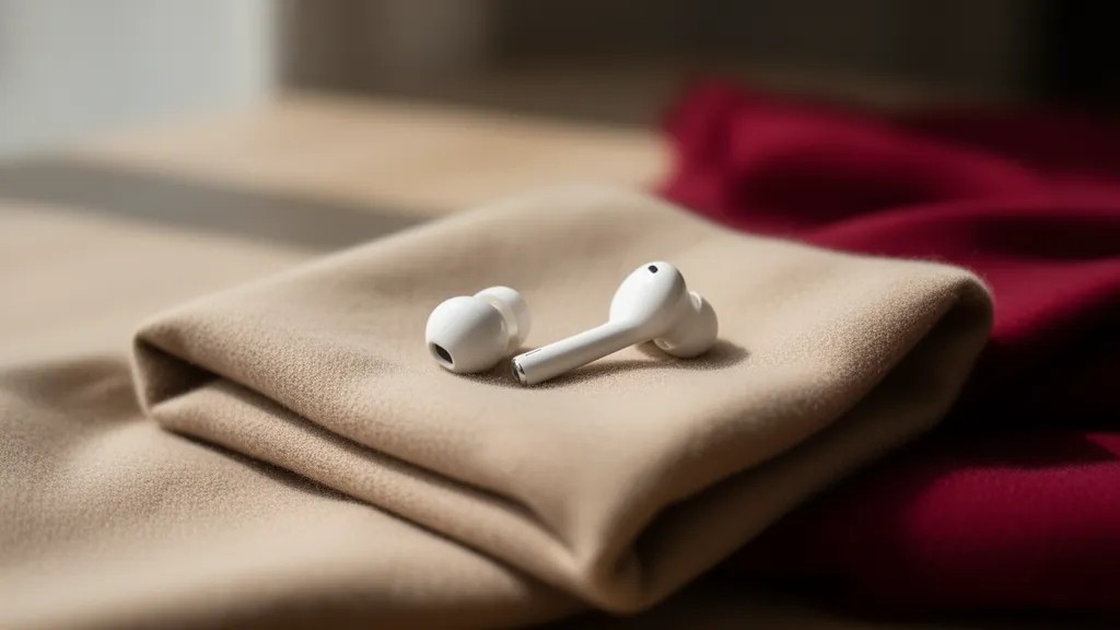 Fones de ouvido brancos sobre um cachecel bege dobrado.