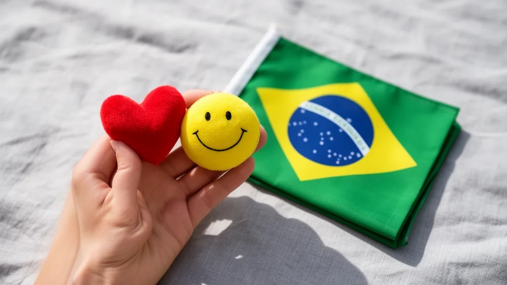 Mão segurando um coração de pelúcia vermelho, um sorriso amarelo de tecido e uma bandeira do Brasil dobrada sobre um pano claro.