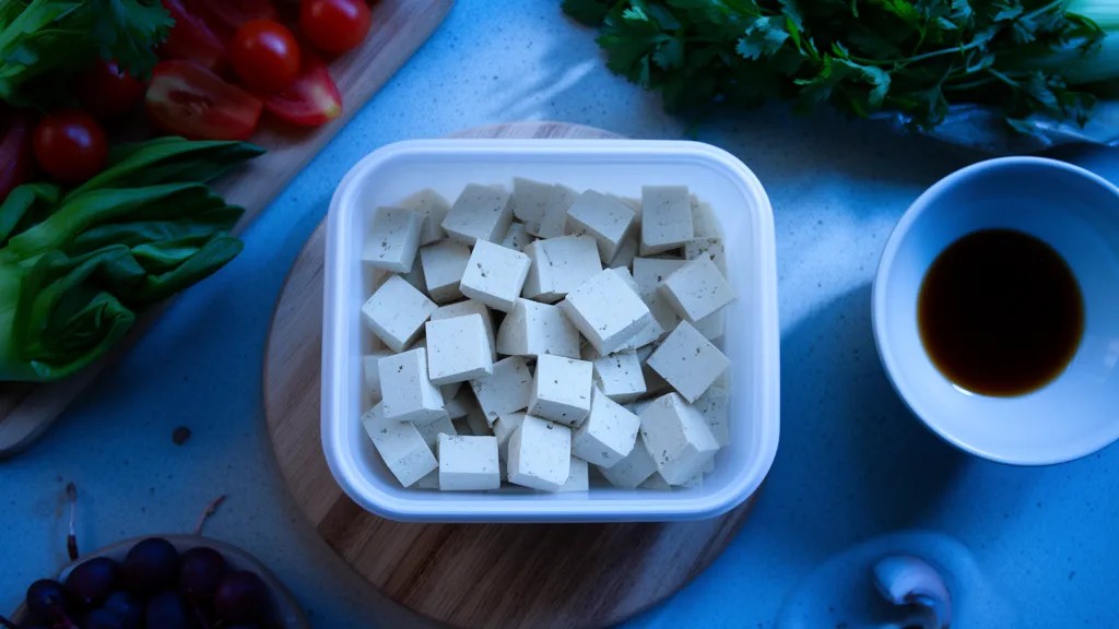 Tofu em recipiente branco sobre tábua de madeira, com legumes frescos e molho de soja ao redor.