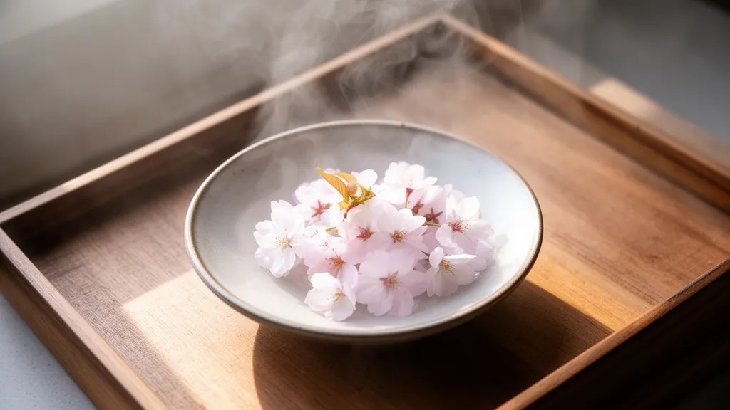 Tigela com flores de cerejeira, vapor suave, bandeja de madeira, luz de manhã cedo