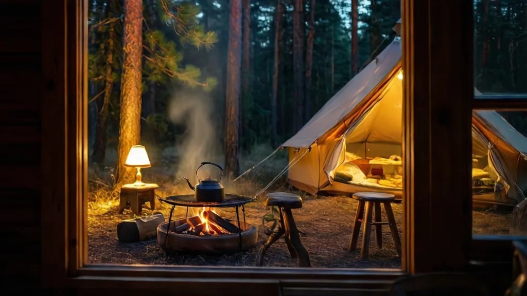 Acampamento à noite com lanternas quentes, tenda, banquinho e chaleira, luz suave na floresta
