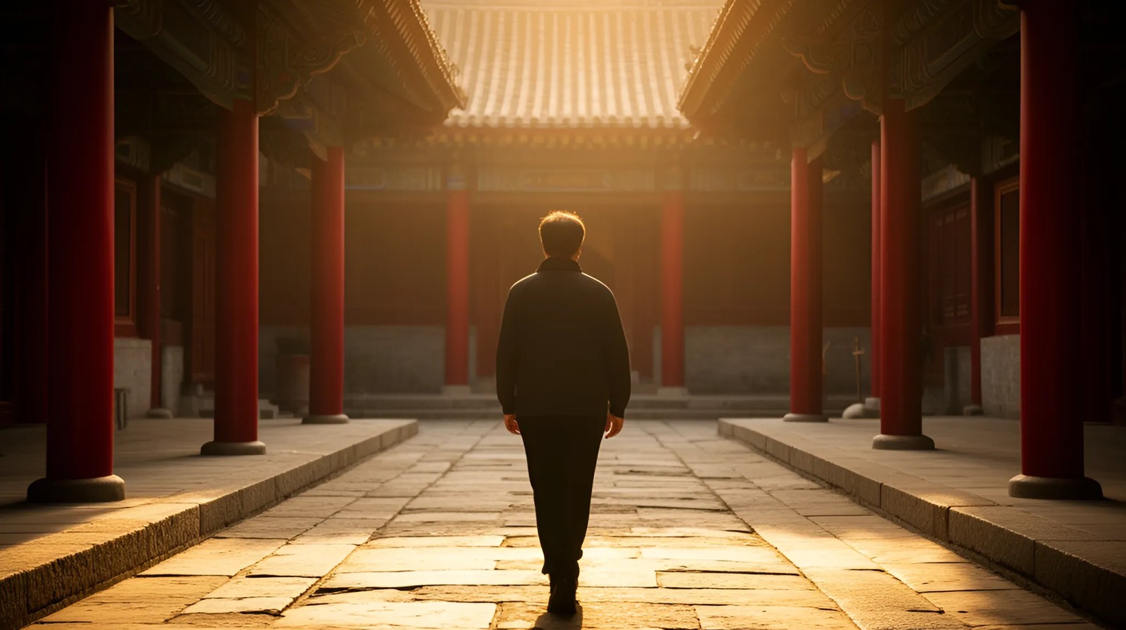 Pessoa caminhando em pátio chinês ao entardecer, vista de costas, com colunas vermelhas e luz dourada.
