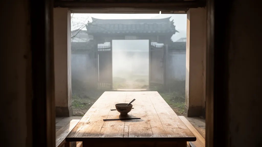 Mesa de jantar vazia em casa rural chinesa, vista por porta aberta, com tigela e hashis usados.