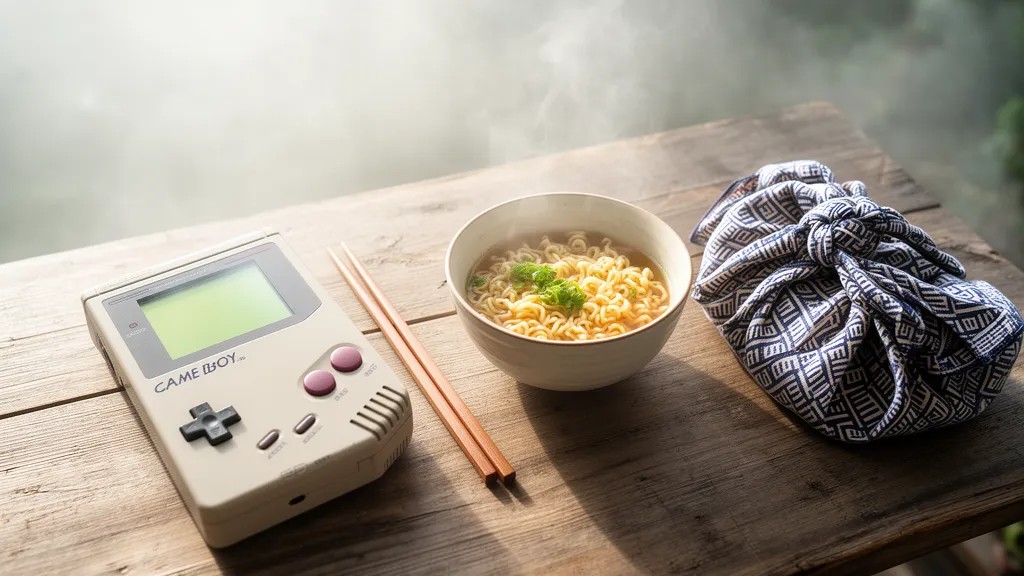 Vista de cima: Game Boy, tigelas de ramen e um pano colorido dobrado sobre mesa de madeira.