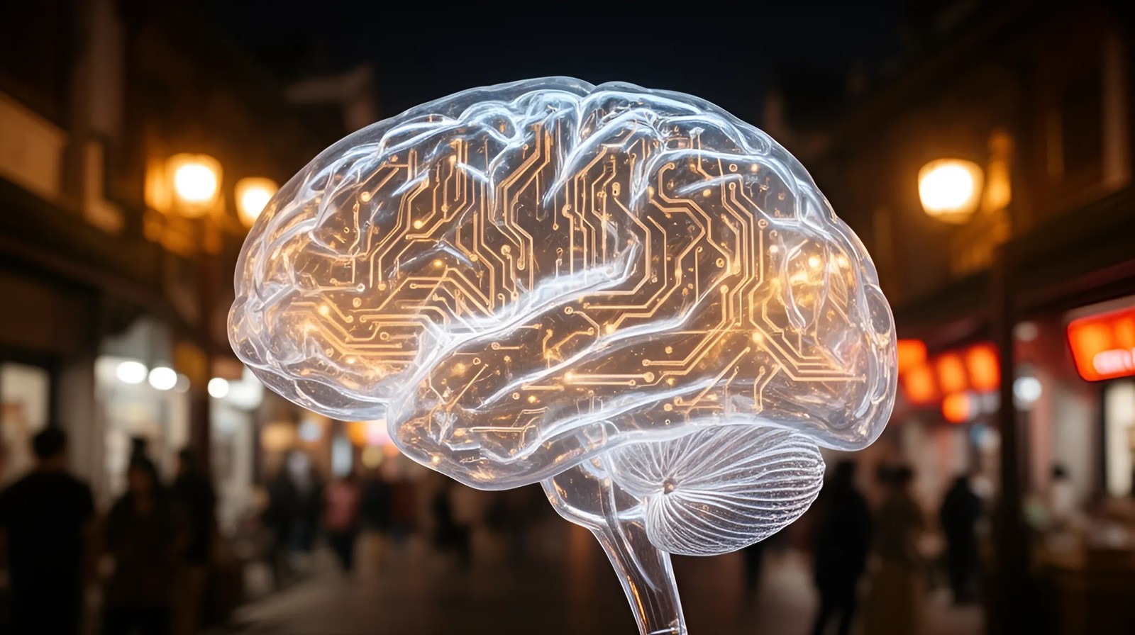 Cérebro luminoso feito de circuitos, com reflexos de luz quente de postes noturnos
