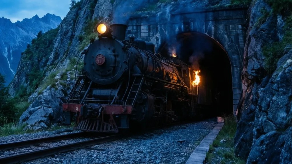 Locomotiva a vapor saindo de túnel em hora azul, com labaredas leves visíveis