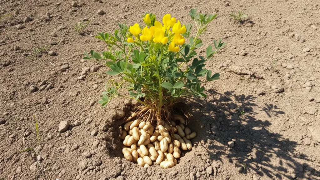 Planta de amendoim com flores acima e nozes enterradas, sombras duras de sol do meio-dia