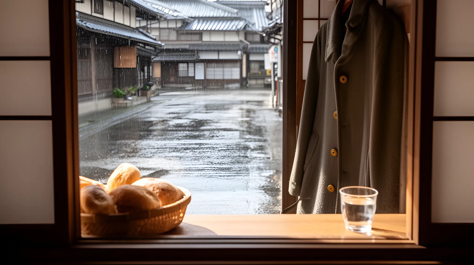 Vista por uma entrada de loja no Japão, com chuva refletida no chão, mostrando cesto com pães, copo de vidro e casaco com botões