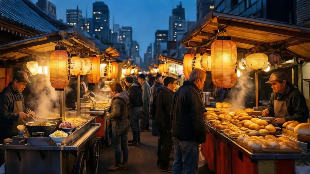 Mercado japonês à noite com barracas de comida, mostrando pães e arroz expostos lado a lado