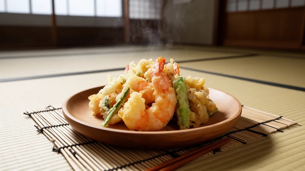 Prato de tempurá com camarão e legumes fritos sobre esteira de bambu, em ambiente simples