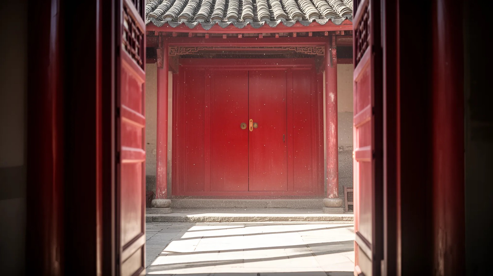 Porta tradicional chinesa entreaberta com sombras duras de meio-dia
