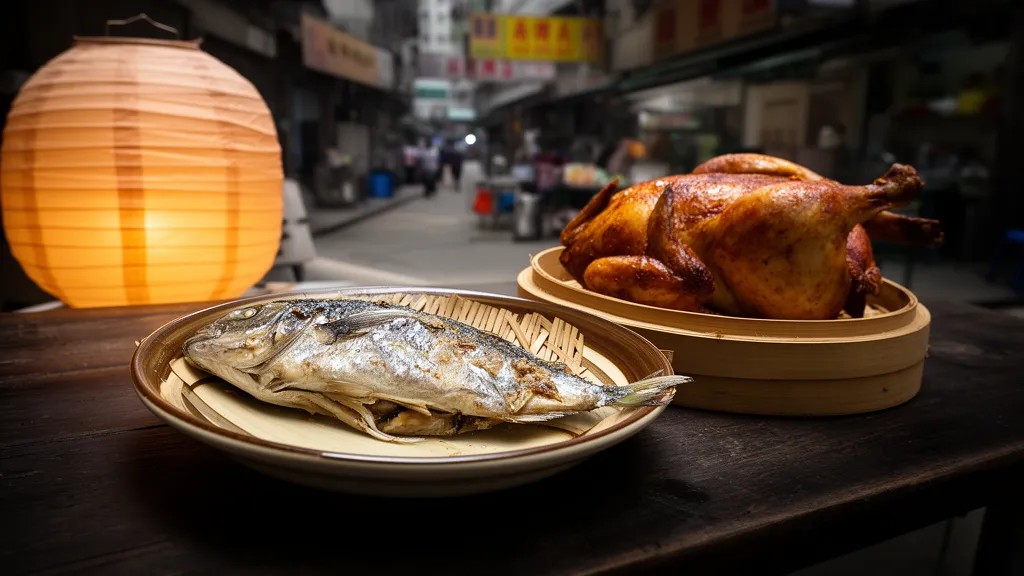 Pratos de peixe e frango sobre mesa de madeira iluminada por lâmpadas quentes