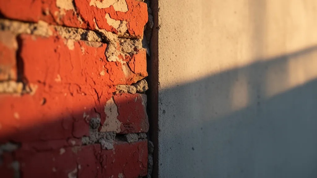 Parede dividida entre estrutura antiga e nova, sob luz dourada do fim da tarde