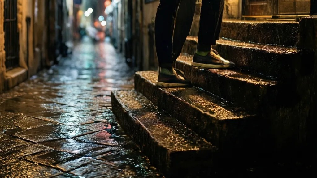 Escada de pedra molhada em beco estreito, reflexos de luz na superfície úmida e passos descendo