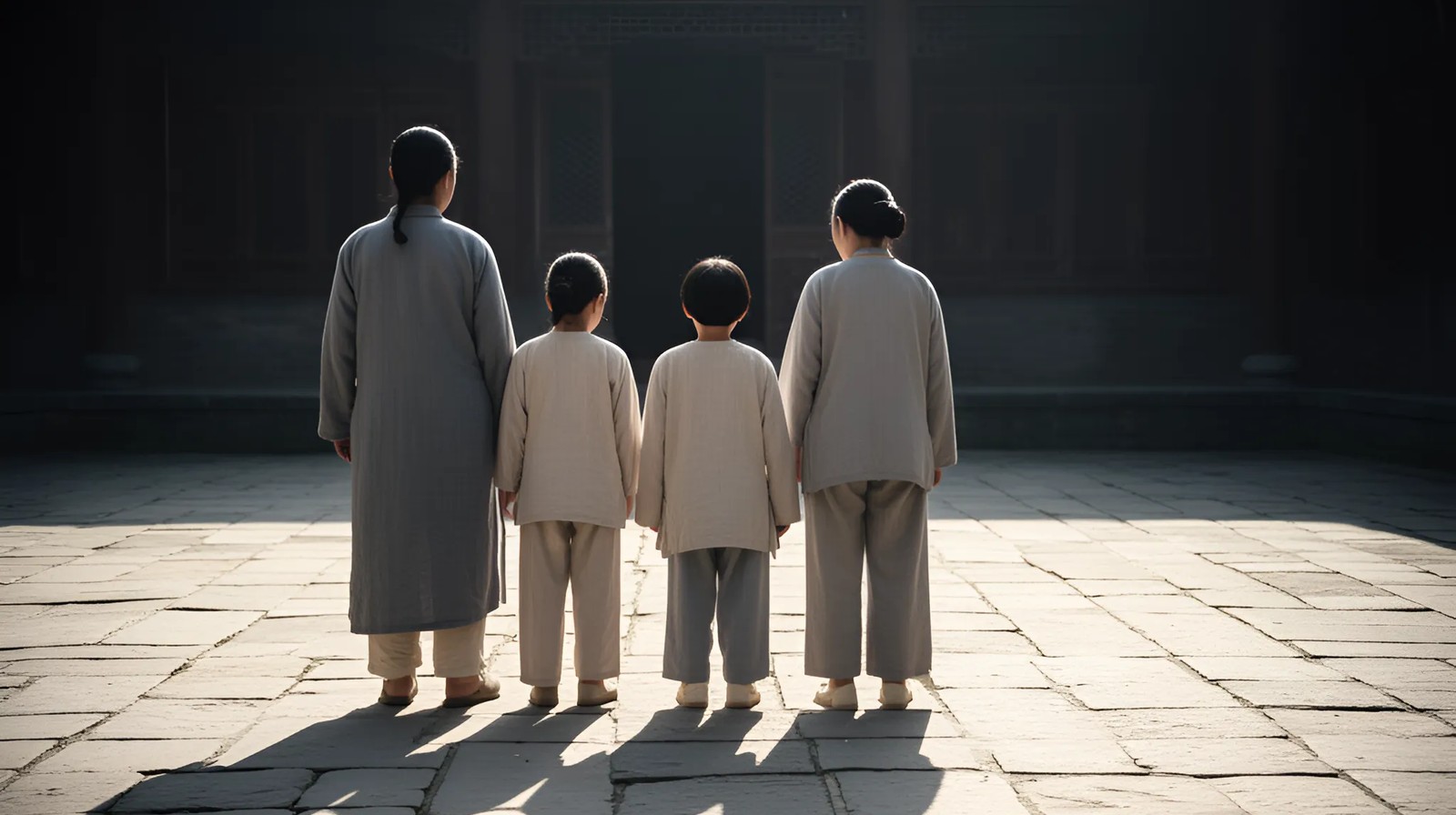 Família chinesa em pátio tradicional, de costas, sombras nítidas do meio-dia