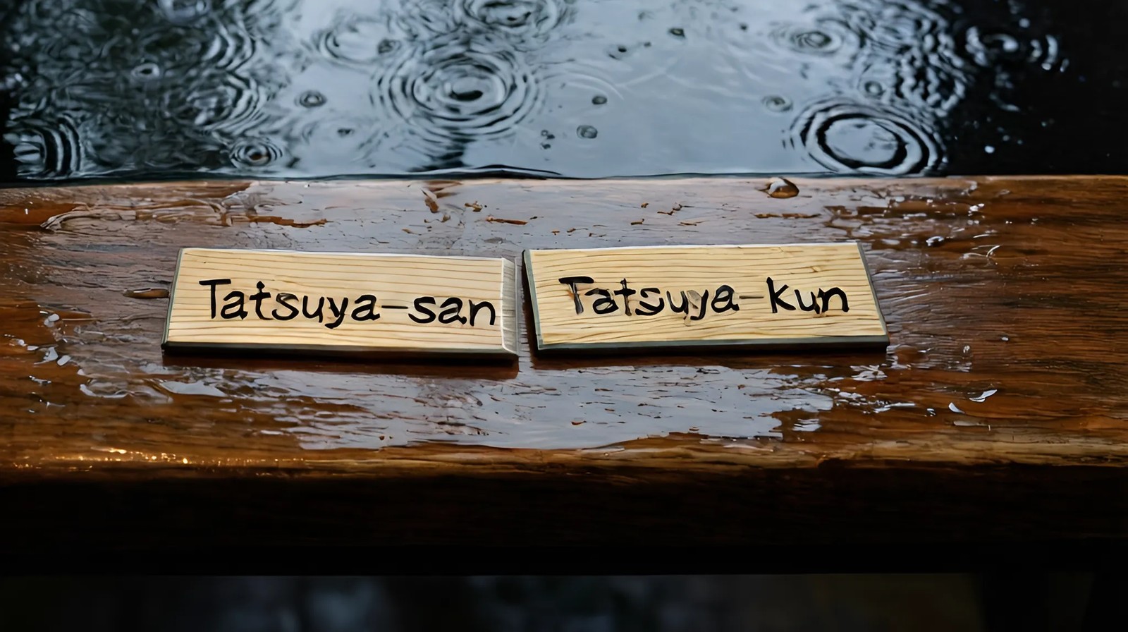 Dois crachás japoneses com variações de sufixo: 'san' e 'kun', sobre superfície escura com reflexos de chuva.