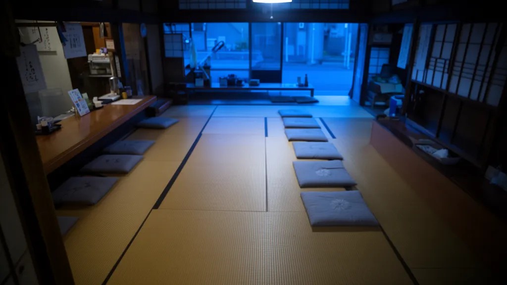 Interior vazio de loja tradicional japonesa vista de cima, com tatame e balcão baixo, iluminado por luz azulada.