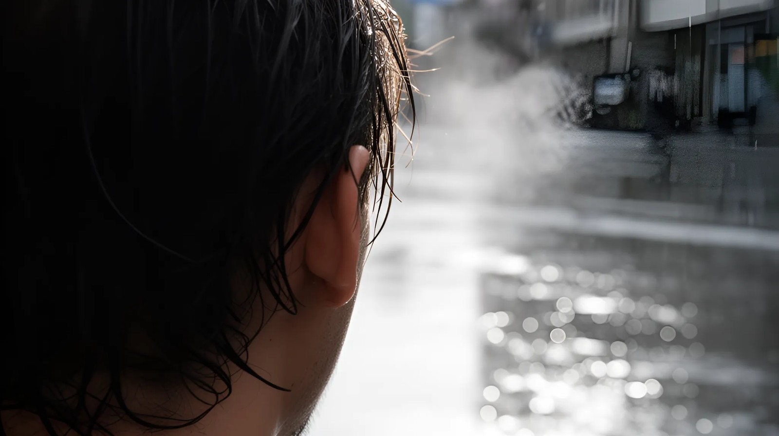 Costas de uma pessoa na chuva, reflexos molhados no chão, clima de tensão sutil no ar