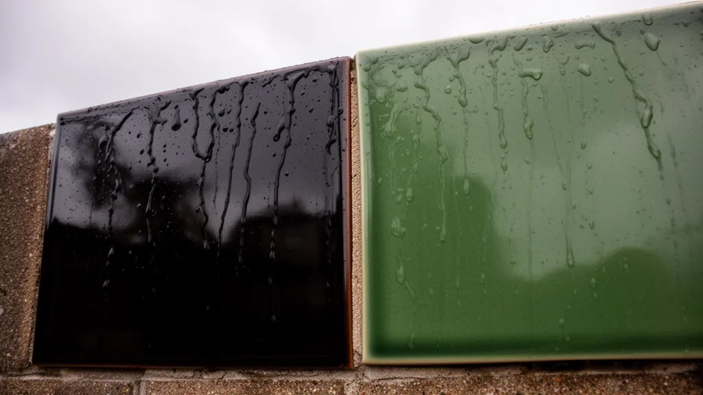 Dois azulejos lado a lado em parede externa: um preto brilhante, outro verde fosco, com gotas d'água