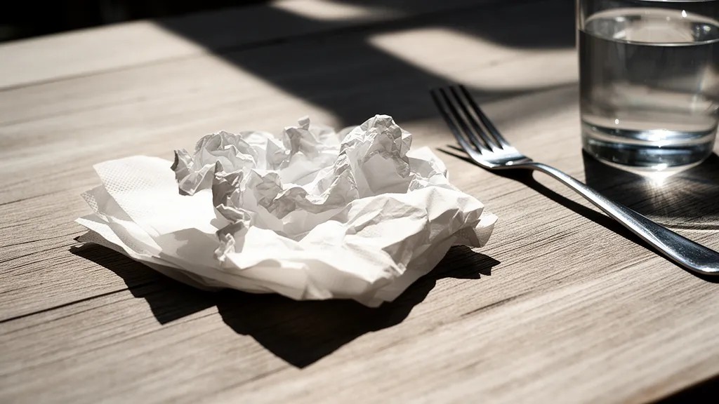 Guardanapo de papel amassado sobre mesa de madeira, com talheres e copo d'água