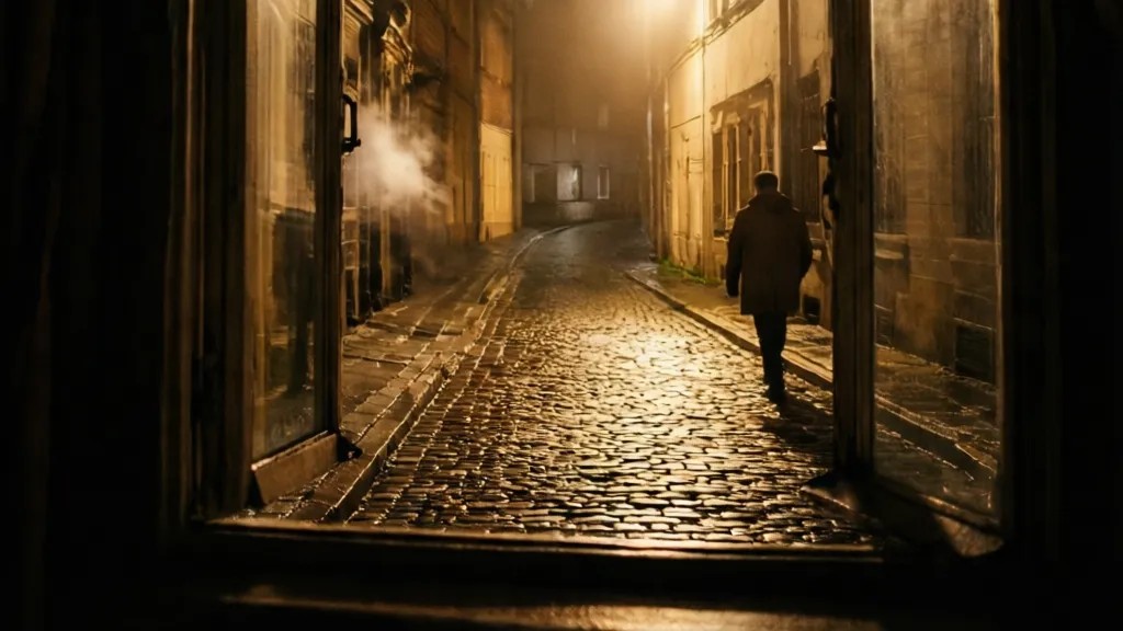 Vista de uma rua de paralelepípedos à noite, vista por uma porta entreaberta, com luz quente e vapor saindo perto do meio-fio