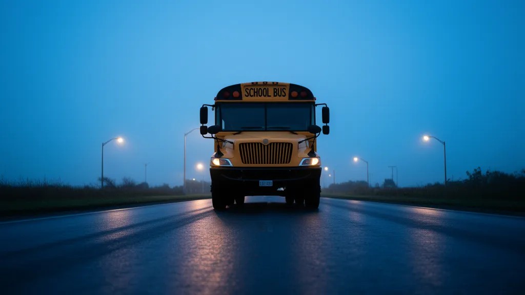 visão de baixo para cima de um ônibus escolar amarelo se aproximando ao entardecer em estrada molhada