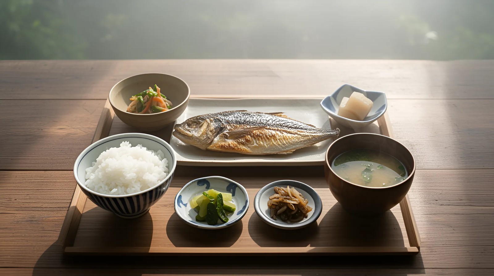 Café da manhã japonês tradicional servido em mesa baixa, com arroz, peixe grelhado e sopa